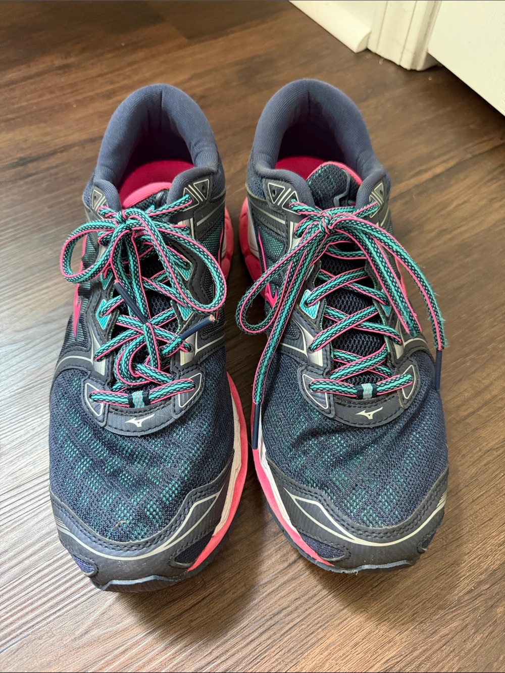 Mizuno Women's Wave Sky Navy Running Sneakers with Pink and Teal Accents